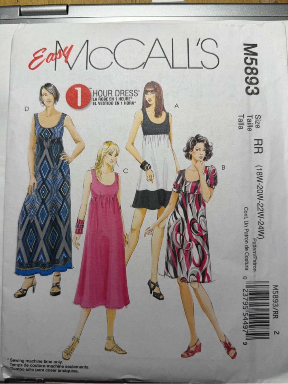 Easy McCalls M5893 Plus Size 18W-24W 1 Hour Pullover Dress Pattern Uncut